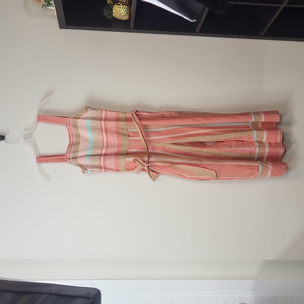 BEACHLUNCHLOUNGE Orange Tan Linen Cotton Stripped Wide Leg Romper Jumpsuit